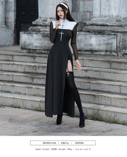 Sexy Nun Cosplay Costume Gothic Black Split Long Dress with Head Veil Halloween Carnival Party Fancy Dress for Women Nun
