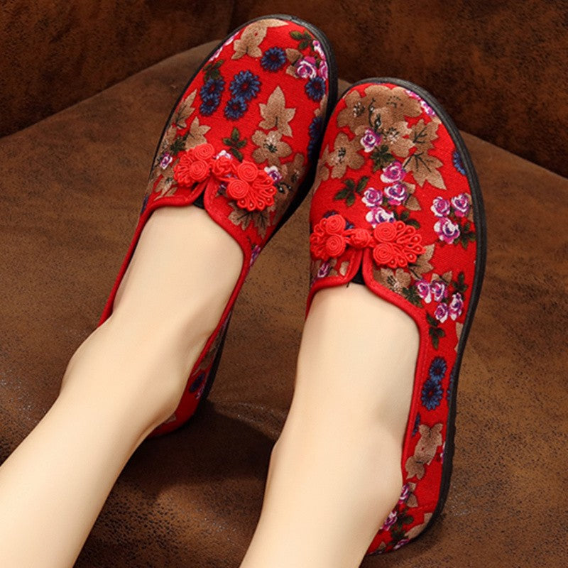 Women's Ethnic Embroidered Flats Soft Bottom Non-Slip Middle-aged Flat Mom Shoes Female Old Beijing Cloth Shoes