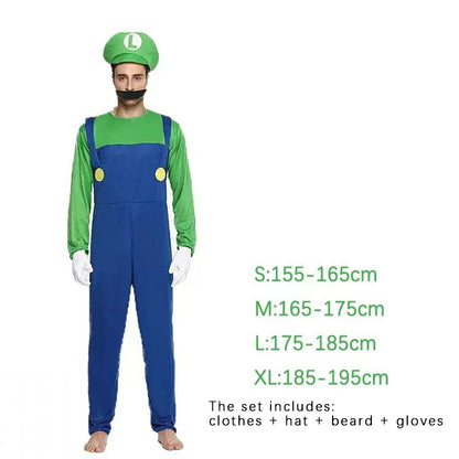 Game Plumber Bros Cosplay Costume Set Jumpsuit Dress Hat Beard Gloves Adult Men Women Uniform Halloween Party Role Play Outfit