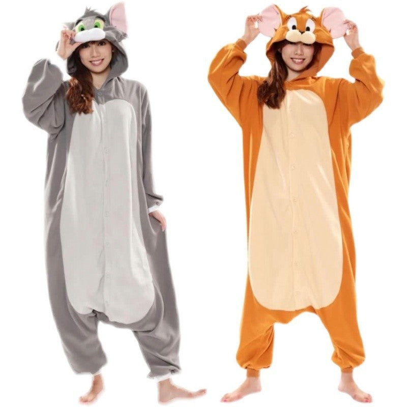 Flannel new cosplay animal grey Jerry mouse Tom cat jumpsuit pajamas cartoon animal Halloween party costume jumpsuit with hat pa