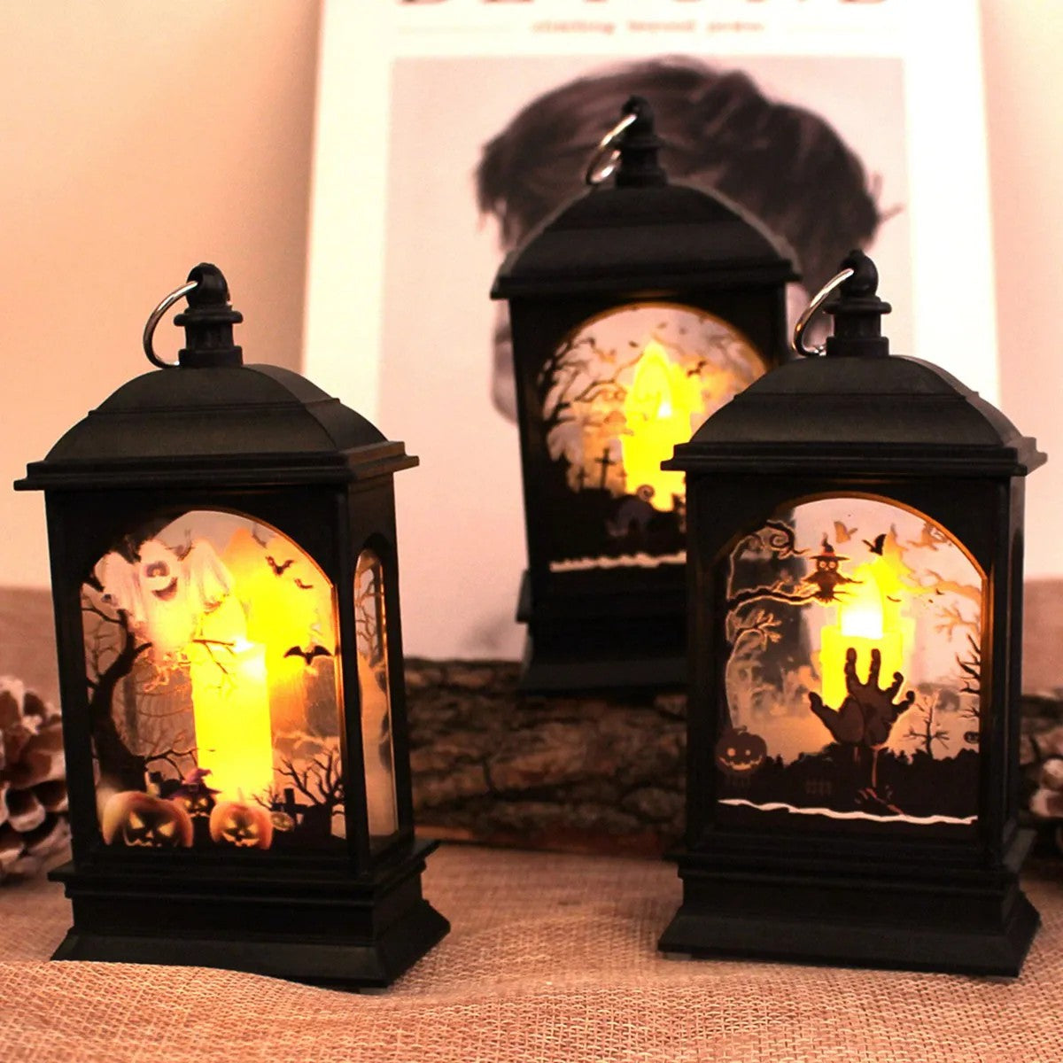 Portable Pumpkin Ghost Castle Lantern Lamp Hanging LED Jack-O-Lanterns Halloween Decoration Party Flame Haunted House Props Gift