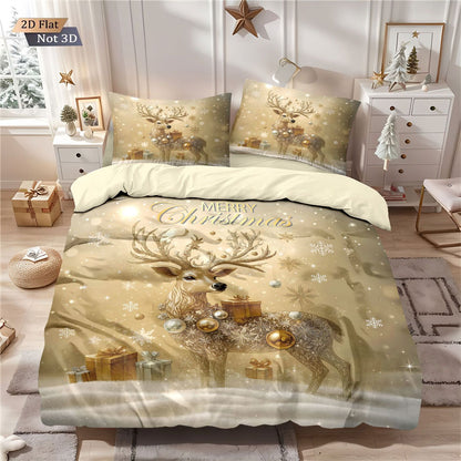 Conjunto de edredom sem enchimento 3 peças com estampa de cervo dourado de Natal, vários tamanhos, roupa de cama para quarto, decoração de feriado, macio e lavável à máquina