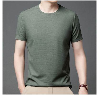 Men's New Summer Waffle round Neck Short Sleeve T-Shirt Comfortable Breathable Short-Sleeved Top for Casual Wear