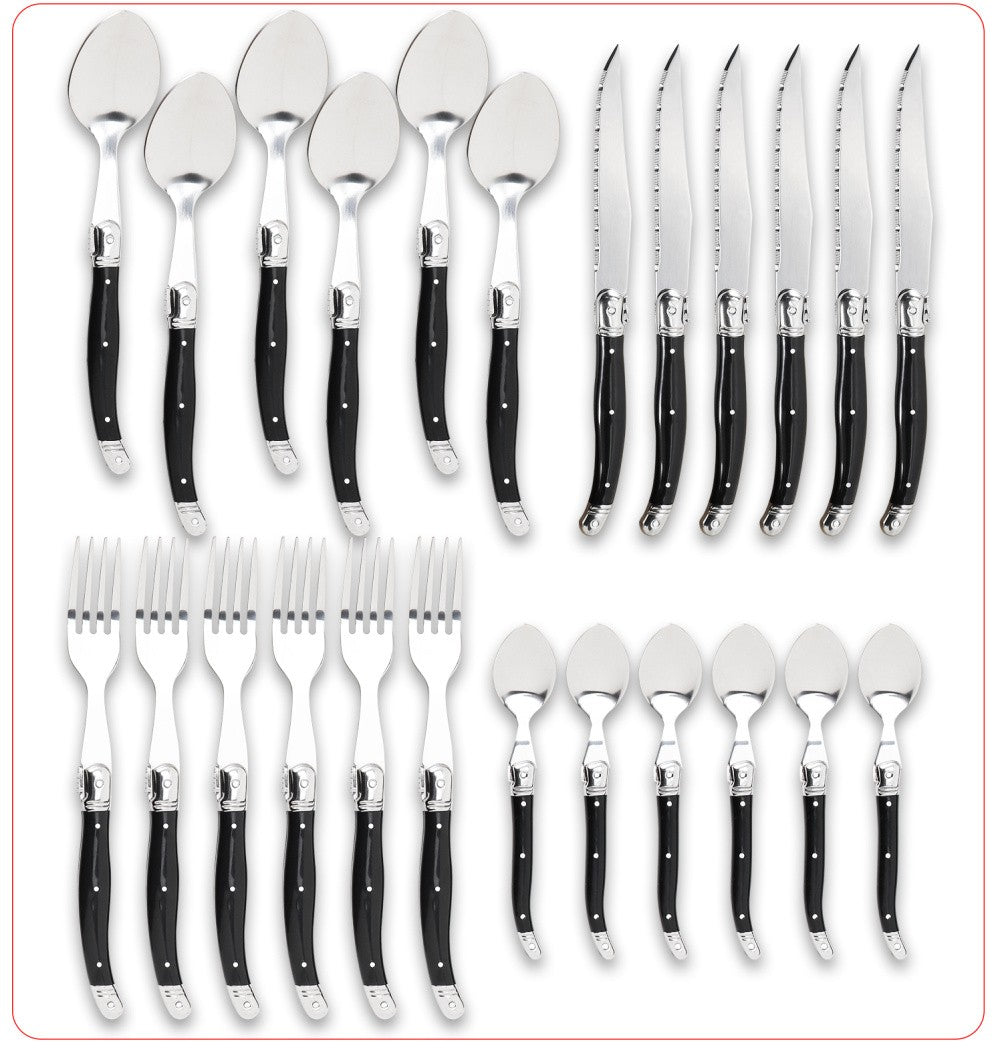 Jaswehome 24 peças Talheres Laguiole com Cabo Preto Conjunto de Facas de Bife Elegante Kit de Talheres Profissional