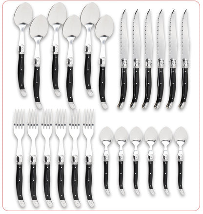 Jaswehome 24 peças Talheres Laguiole com Cabo Preto Conjunto de Facas de Bife Elegante Kit de Talheres Profissional