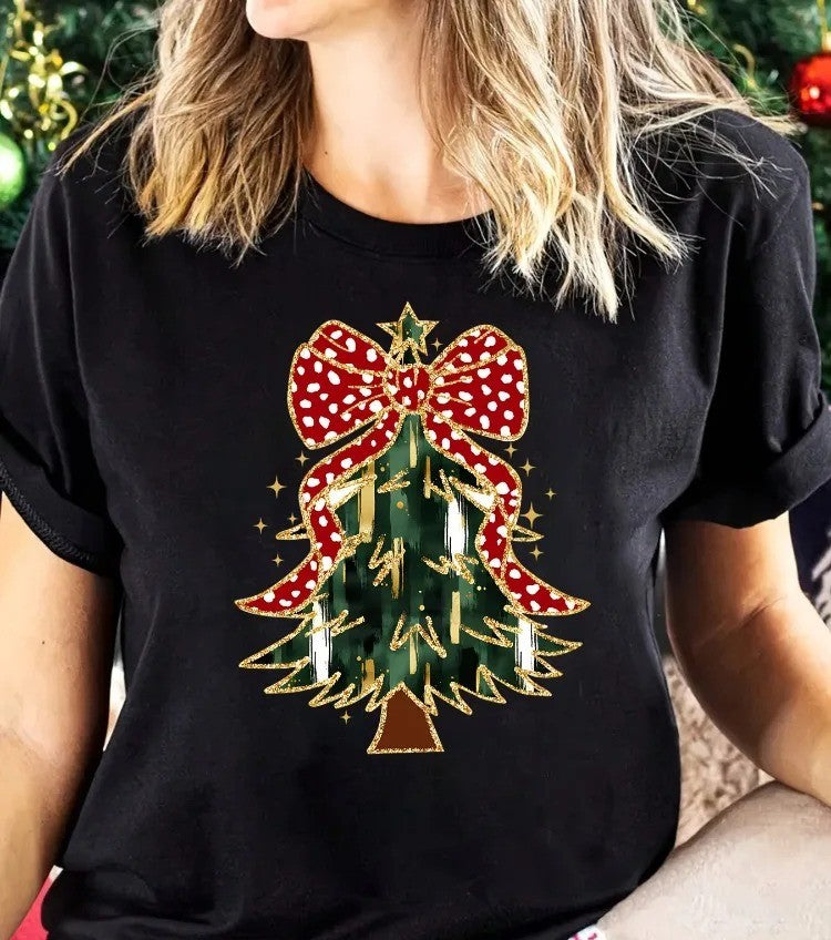 Women's Fashionable Christmas Tree Pattern Printed Women's Summer T-shirt Top, Short Sleeved Round Neck Casual Women's Clothing