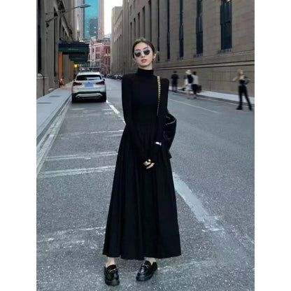 New French Style Temperament Women's High-Grade Black Dress Hepburn Style Gray Turtleneck Dress for Women Autumn Winter DF4964