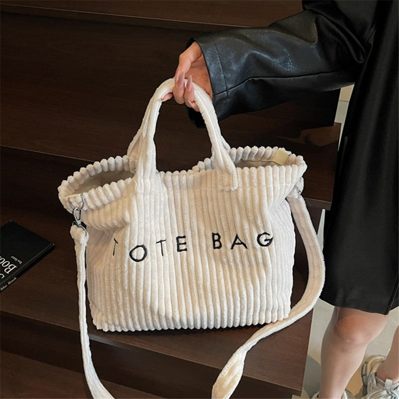 Large Capacity Striped Velvet Handbag Shoulder Bag for Woman Handbags Crossbody Bags, Versatile Letter Corduroy Women's Tote Bag