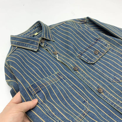 Heavy wash to make old striped shirt men's heavy chunky cargo denim jacket Autumn vintage Amei khaki coat