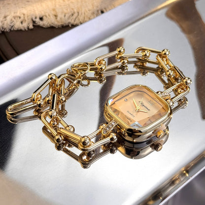 Luxury Minimalist Bracelet Watch Creative Square Multi-Faceted Glass Quartz Movement Chain Mid-century Small  High-End Acces