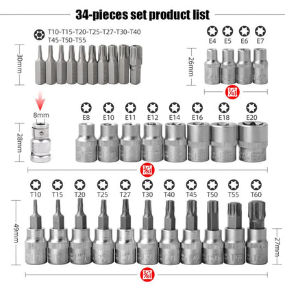 Conjunto de Soquetes Torx e E-Torx de 34 Peças, Encaixe de 1/4", 3/8", 1/2", Pontas Macho e Fêmea de Segurança E-torx, Ferramenta Manual