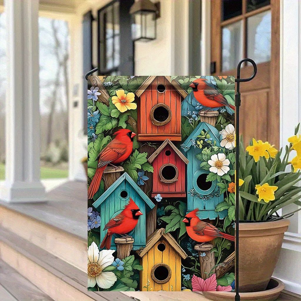 1pc Vibrant Cardinal Birdhouse Garden Flag - Double-Sided Polyester Lawn Flag, 11.81 x 17.72 Inches, Colorful Spring Nest Box De