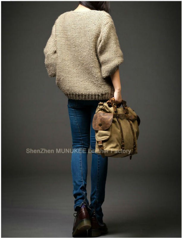 Vintage Military Canvas + Genuine Leather Men Shoulder Bag Sling Crossbody Bag Tote Handbag Men Canvas Messenger Bag  Leisure