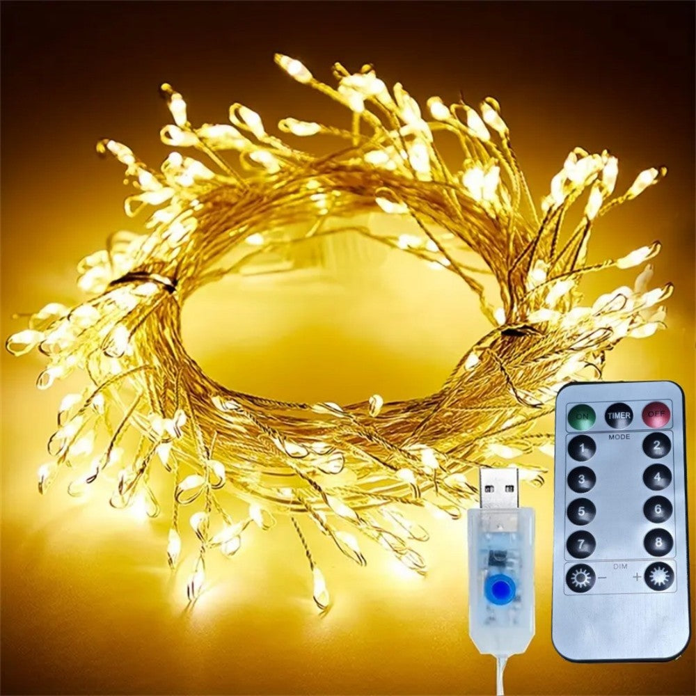 1PC 3/6/9/12M USB Power LED Firecracker String Fairy Lights Remote Control 8 Modes for Wedding Party Garden Bedroom Christmas