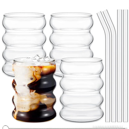 2/4 PEÇAS Copos de Vidro Ondulados para Bebidas com Canudos Copos de Vidro Vintage Ondulados para Vinho Champanhe Leite Café
