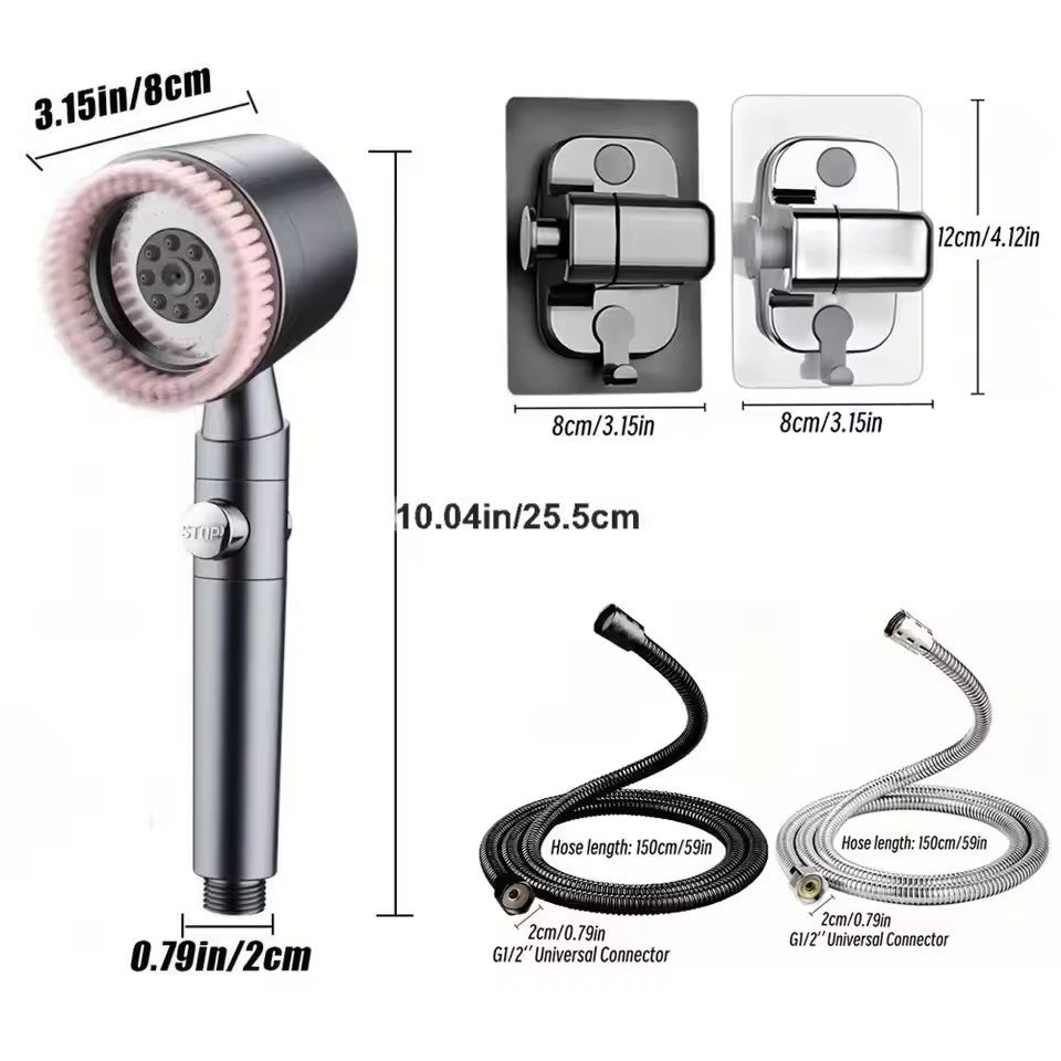Chuveiro Booster 5 Modos com Escova Massageadora de Alta Pressão para Economia de Água Portátil Filtro de Banheiro com Mangueira e Suporte