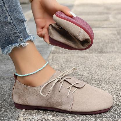 Round Toe Faux Suede Flats Shoes Women Spring Autumn Concise Lace Up Flat Heel Shoes Woman Plus Size Non Slip Casual Shoes Lady