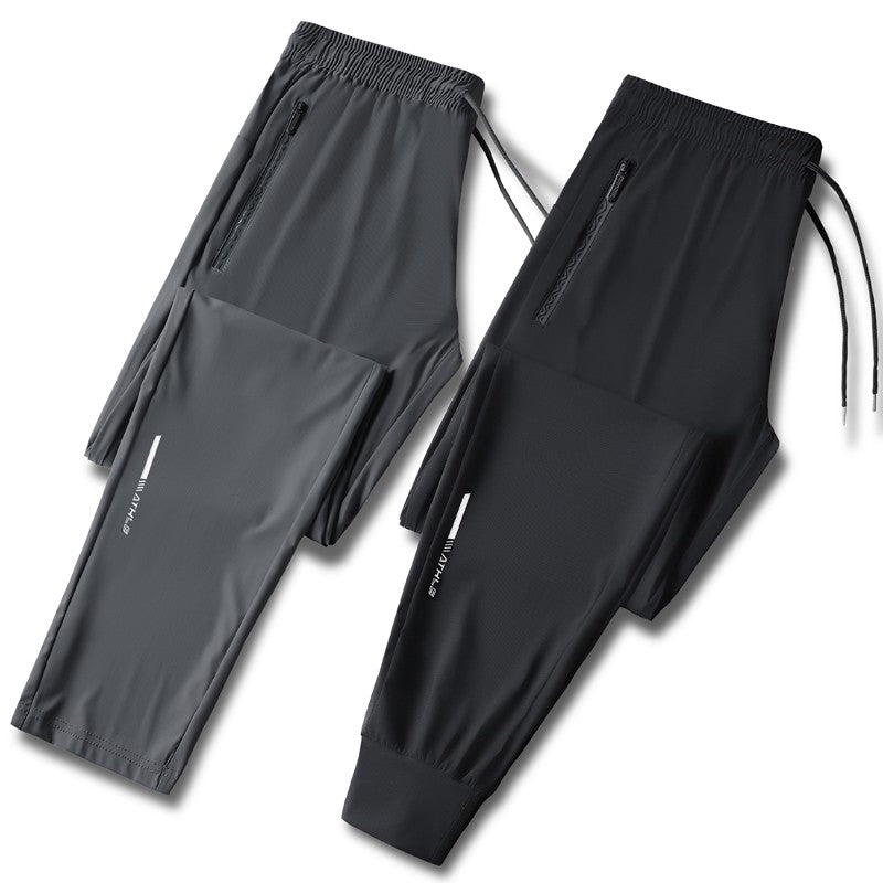 Calça jogging masculina com cordão na cintura, fresca, de secagem rápida e respirável, calça esportiva da moda de alta elasticidade, adequada para fitness