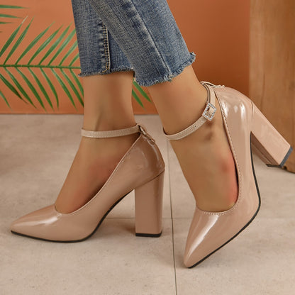 Apricot Red 10cm Super High Heel Ankle Strap Pumps Women Shoes Pointed Toe Fashion Crystals Buckle Patent Leather Plus Size 50