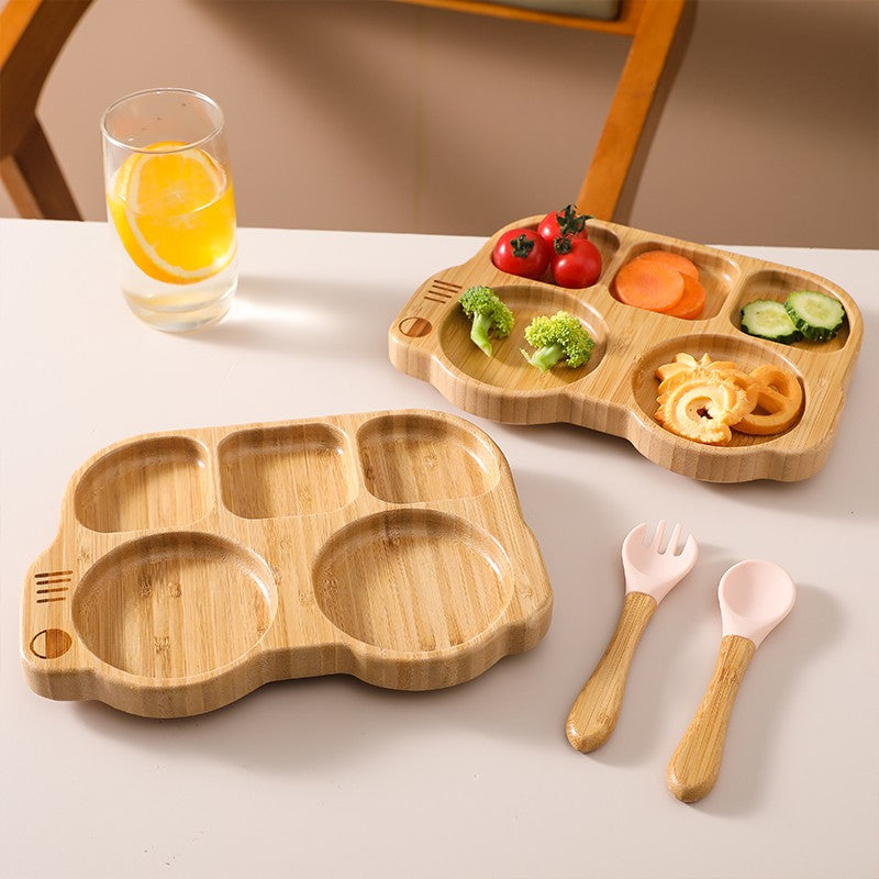 4pcs Bamboo Plate Sets Baby Feeding Bowl Wooden Kids Feeding Supplies Spoon Fork for Baby Tableware Suction Plate Bowl Cup