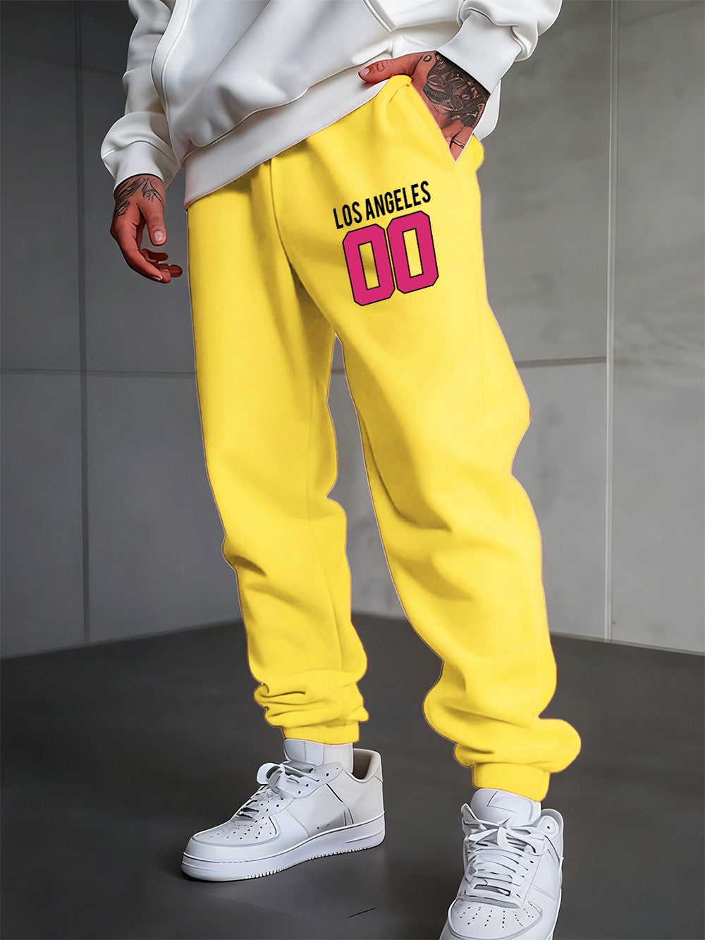 Los Angeles 00 Calça Moletom Estampada Masculina Outono Jogger Calça de Moletom Quente Elástico na Cintura Calça de Moletom Básica com Bolso Roupa Masculina