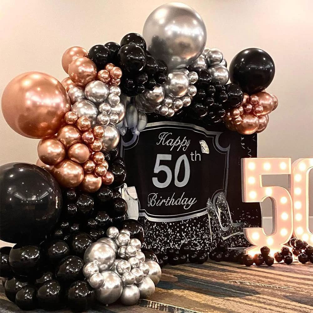 Black and Gold Balloons Garland Arch Kit with Starburst Foil Balloons for Wedding Birthday Family Party Decorations Supplies
