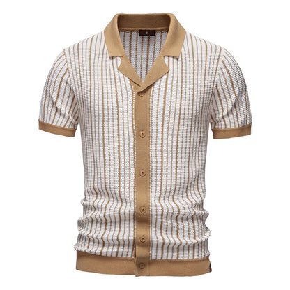AIOPESON 2025 Men's Striped Mesh Polo Shirt - Breathable Contrast Panel Knit Top with Turn-Down Collar