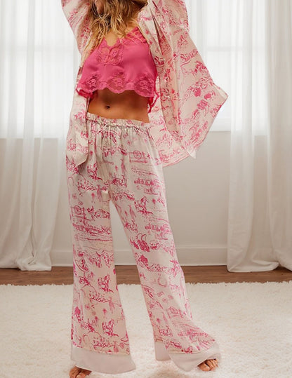 Women Satin Pajamas Set 2 Piece Western Cowgirl Silk Pjs Wide Leg Pants Button Down Loungewear