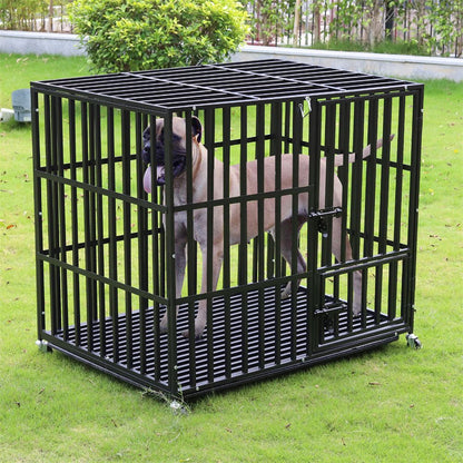 Caixa Grande Reforçada para Cães XXL Gaiola Resistente para Animais de Estimação Tubo Quadrado de Metal Canil Cercadinho com Rodas Traváveis e Bandeja