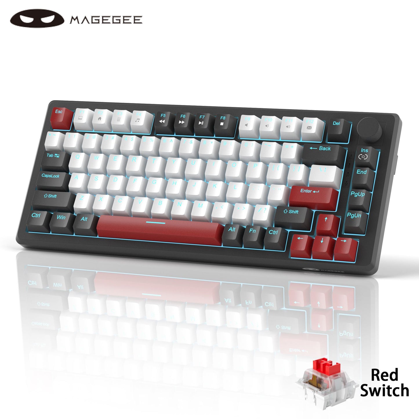 Teclado Mecânico Gamer MageGee 75% com Knob, Teclado Gamer com Fio Retroiluminado Azul Switch Vermelho/Amarelo para PC Windows