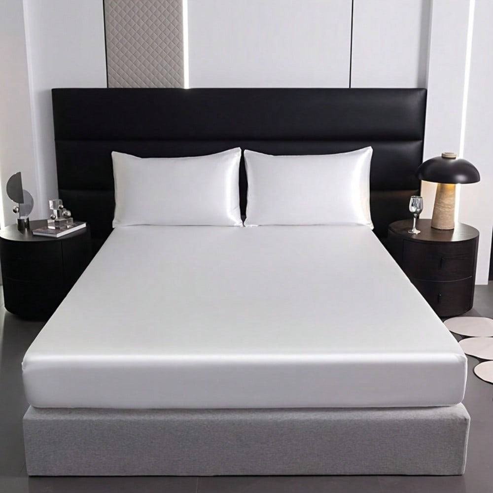 2/3pcs Luxurious Solid Silky Satin Fitted Sheet With Pillowcases For Soft And Comfortable Bedding,For Bedrooms And Guest Rooms