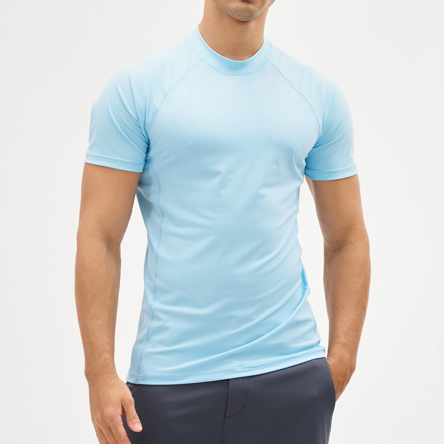 EKLENSON Men's Rashguard Swim Shirt Short Sleeve Mock Neck UPF 50+ T Shirts Loop Hem Quick Dry Loose Fit Water Surfing Shirt