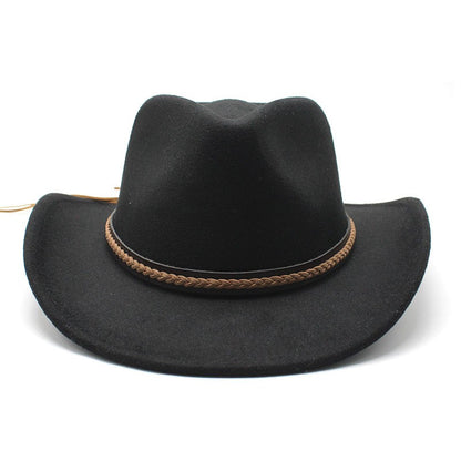 Winter Roll Up Brim Western Cowboy Hat With Leather Retro Gentleman Lady Jazz Cowgirl Cap Church Sombrero Caps