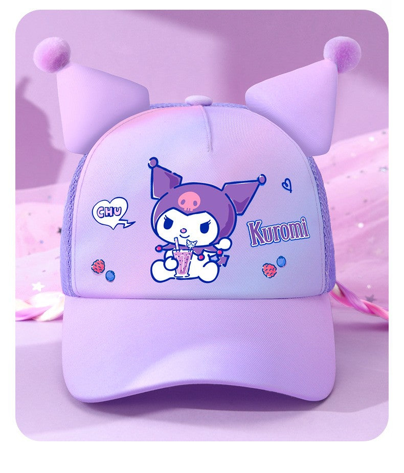 Sanrio Kuromi Baseball Cap Summer Sun Hats for Girl  Breathable Visor Hat  Kawaii Wig Braid Cute Kids Children Aged 5-10 Sunhat
