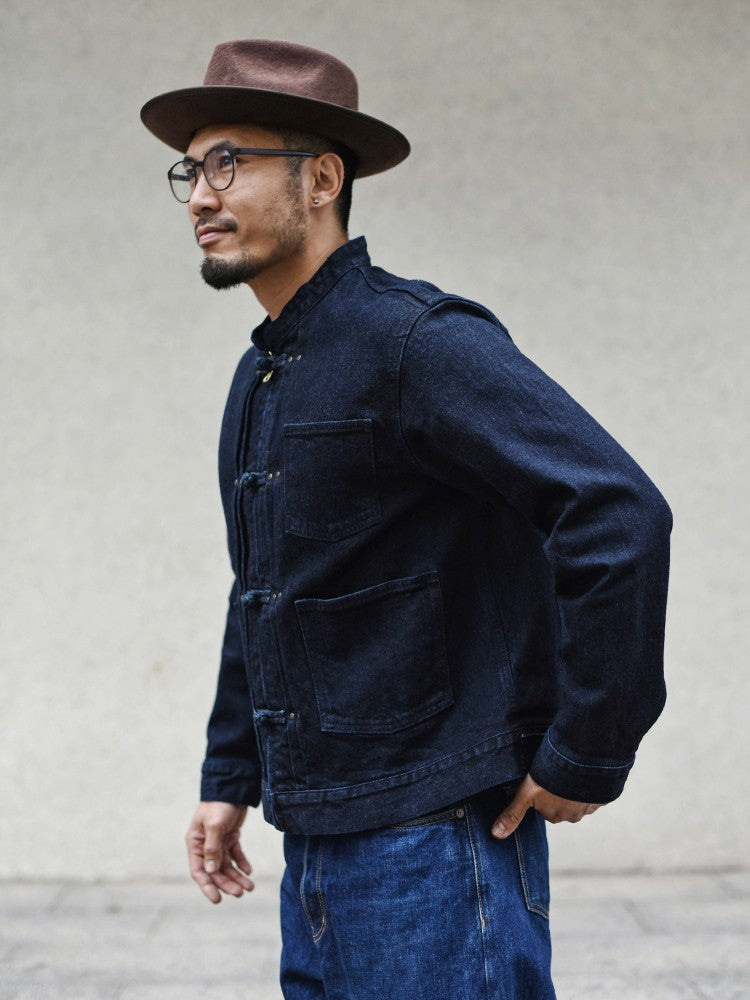 Sauce Zhan Mens Jacket Indigo Selvedge Denim Jacket Jean Jacket Men Vintage Chinese Style Knot Button Loose Fit