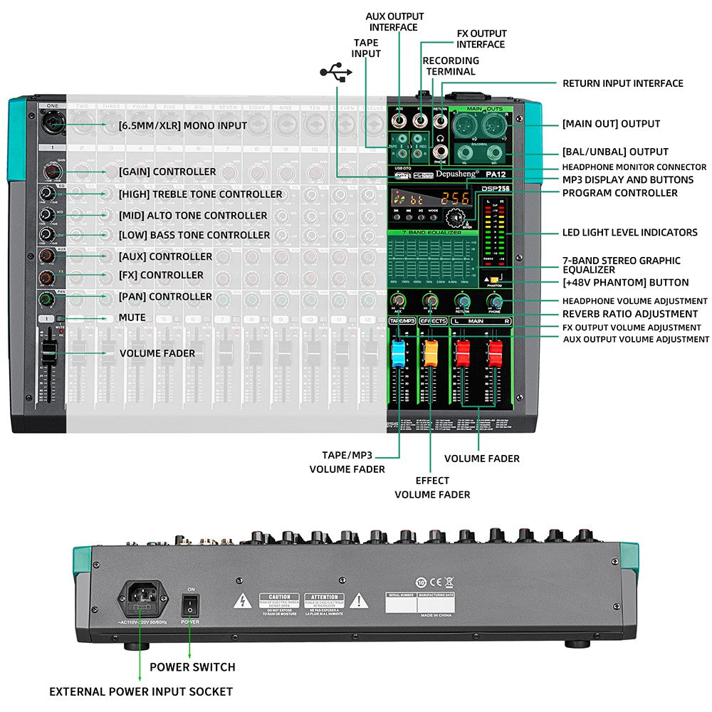 6/8/12/16 Channels Audio Sound Mixer Depusheng Mixing DJ Console USB 48V Phantom Power 256 DSP Effects Sound Table for stage