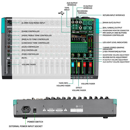 6/8/12/16 Channels Audio Sound Mixer Depusheng Mixing DJ Console USB 48V Phantom Power 256 DSP Effects Sound Table for stage