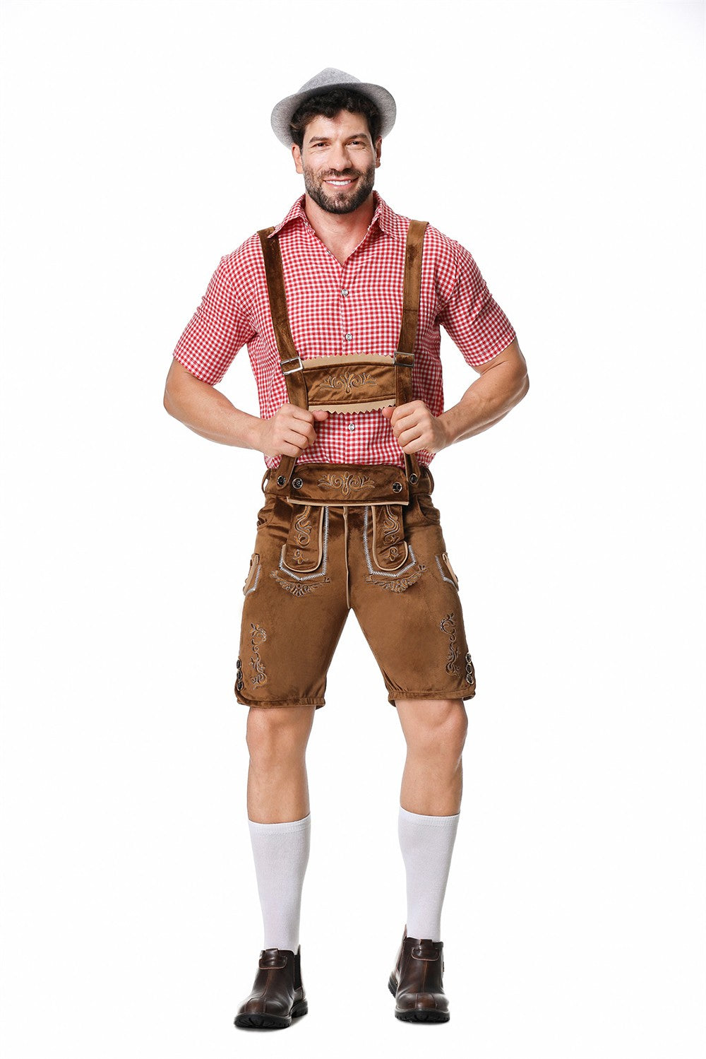 Male Oktoberfest Lederhosen Costume Bavarian Octoberfest German Beer Costume Shirt Suspender Shorts Hat Cosplay Costumes