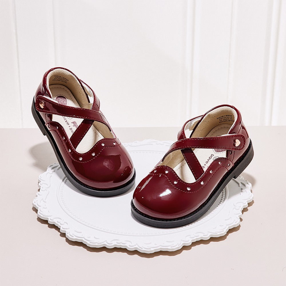 Dave Bella Children's Leather Shoes Autumn Girl's Retro Fashion Soft soled Red Anti slip Princess Shoes DB3252579