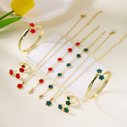 Conjunto 5 peças Pulseiras Femininas Coloridas de Esmalte com Flor de Ameixa Colar Brincos Flor de Cinco Folhas da Sorte Joias Elegantes para Festas Presentes