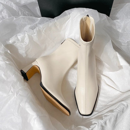 Square Ankle Boots Autumn Comfortable Soft Leather High Heel Boots Women's Fashion Zipper Simple Temperament Women's Shoes