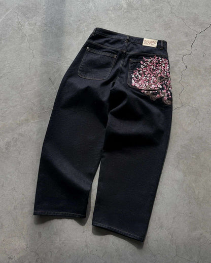 Y2K Baggy jeans Cherry Blossom Selvedge Embroidery Denim Pants men women denim fabric American Hiphop Streetwear Wide Leg Jeans
