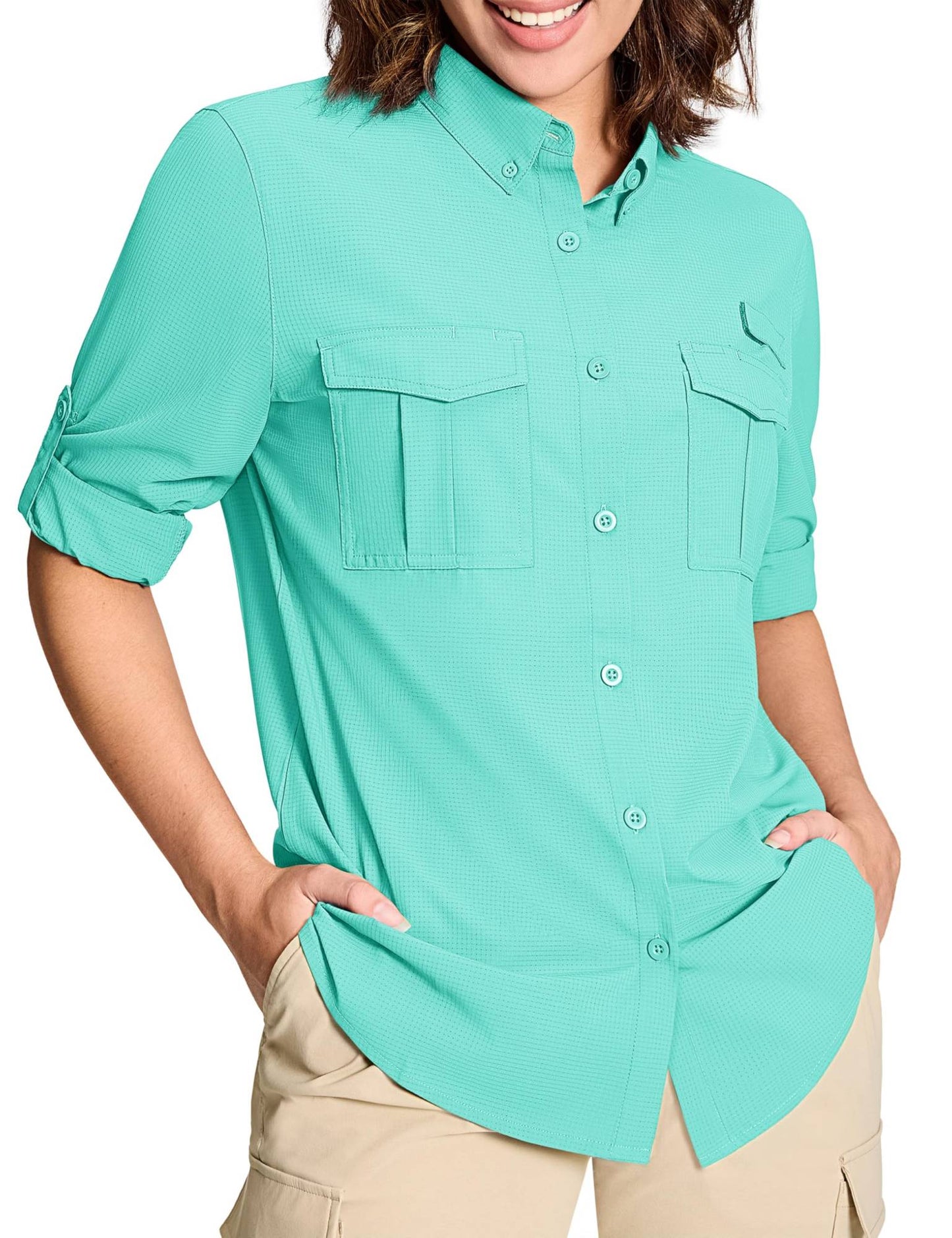 TACVASEN Womens UPF 50+ Fishing Shirts UV Block Quick Dry Long Sleeve Cargo Shirts Breathable Mesh Outdoor Trekking Hiking Shirt