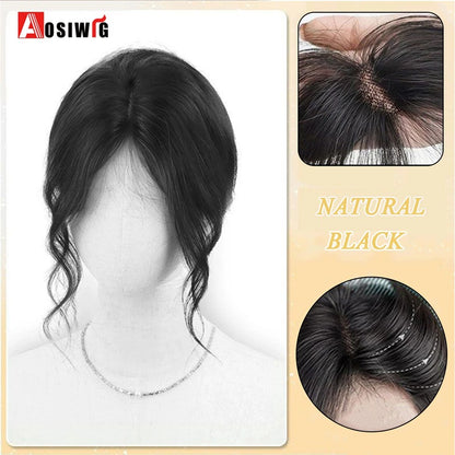 Perucas de cabelo encaracolado sintético AOSI castanho preto, substituição de extensões de cabelo tipo topete, apliques femininos com franja