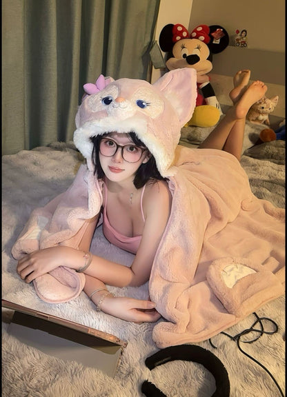 2025 Disney Lina Bell Cobertor com Capuz Desenho Animado Anime Manta Engrossada de Flanela para Dormir, Soneca, Uso Interno, Quente, Costurada, Presentes para Meninas