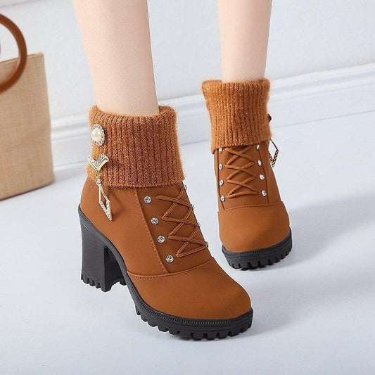 Women's Designer High Heels Shoes 2023 Winter New Warm Non-slip Block Cow Suede Warm Snow Boots Fashion Crystal Plush Goth Botas