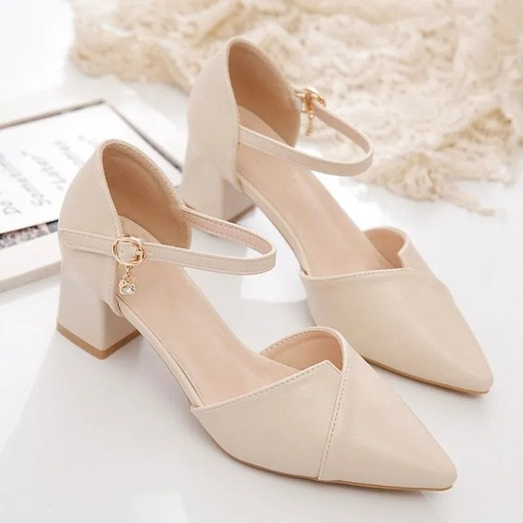 Sandália Feminina Elegante Bege Bico Fino Salto Médio Tira Fina Transpassada Fivela Sapatos de Escritório Diários