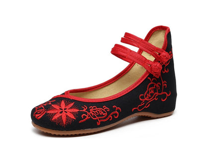 Veowalk Sunflower Embroidered Women Canvas Ballet Flats Ankle Strap Ladies Casual Cotton Chinese Embroidery Ballerina Shoes