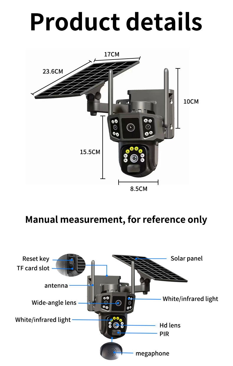 Câmera de segurança externa sem fio WIFI solar V380 Pro 10X 4K de lente dupla, CFTV solar, câmeras solares 4G sim