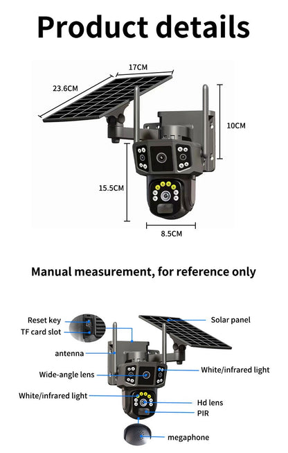 Câmera de segurança externa sem fio WIFI solar V380 Pro 10X 4K de lente dupla, CFTV solar, câmeras solares 4G sim